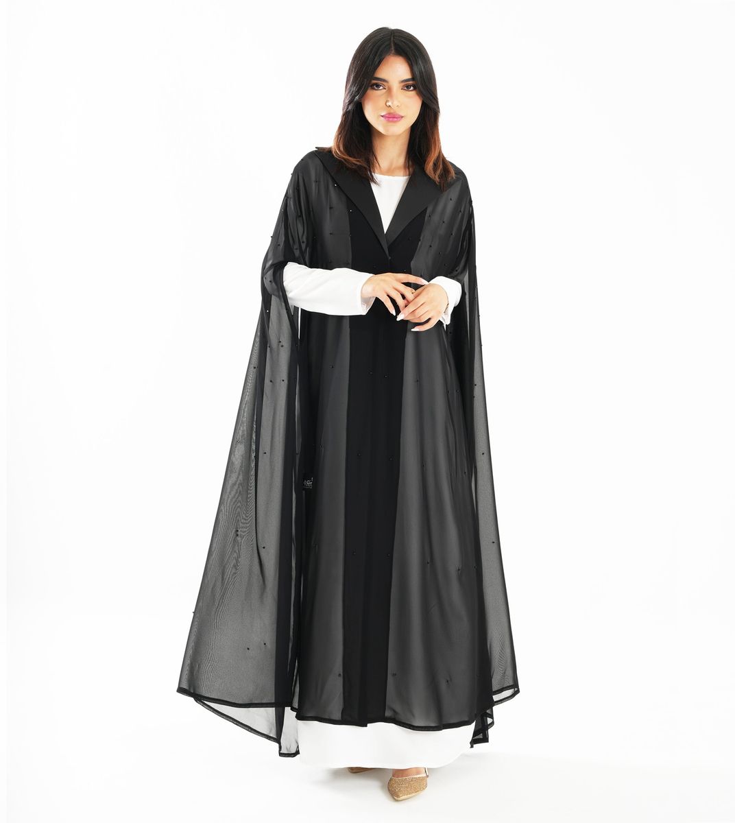 Elegant Chiffon Black Abaya With Embroidered Jacket Collar Design