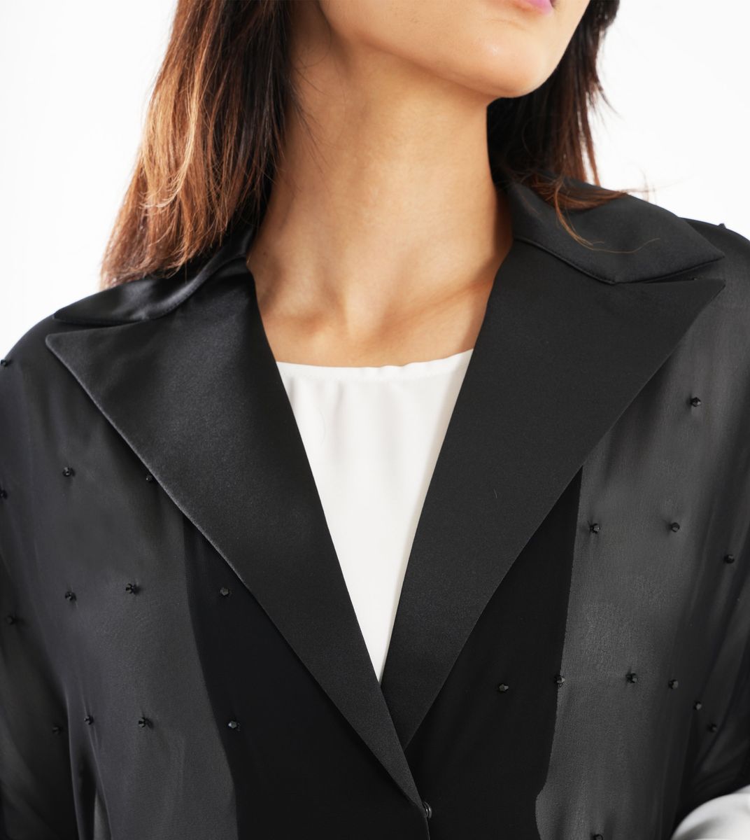 Elegant Chiffon Black Abaya With Embroidered Jacket Collar Design