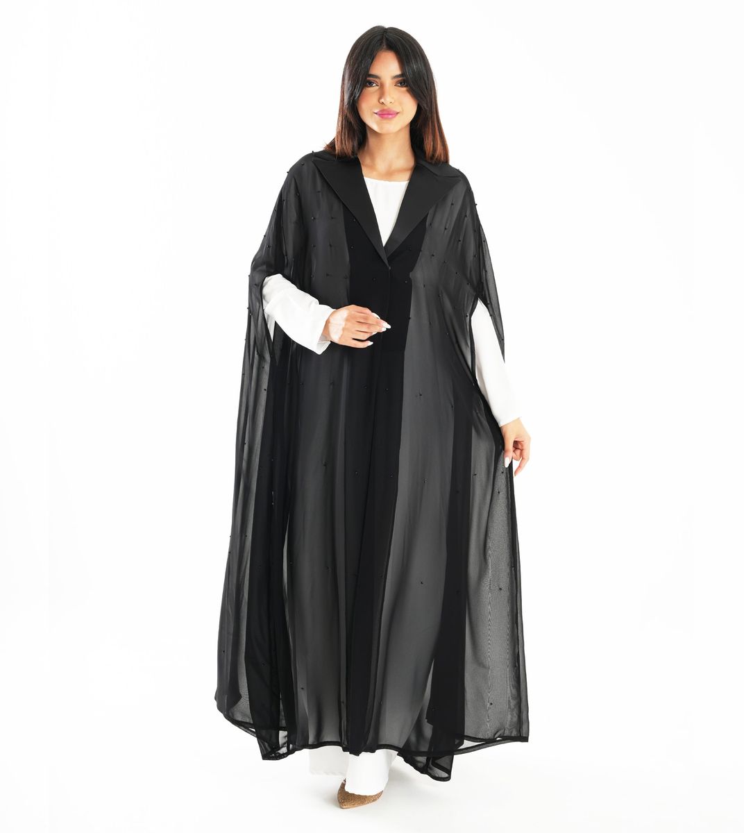 Elegant Chiffon Black Abaya With Embroidered Jacket Collar Design