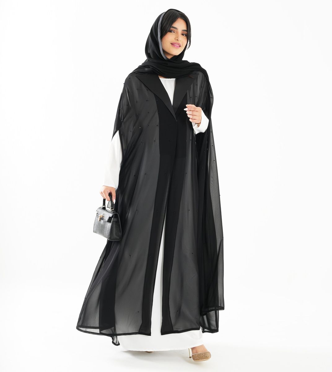Elegant Chiffon Black Abaya With Embroidered Jacket Collar Design