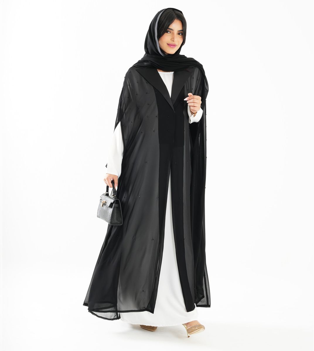 Elegant Chiffon Black Abaya With Embroidered Jacket Collar Design