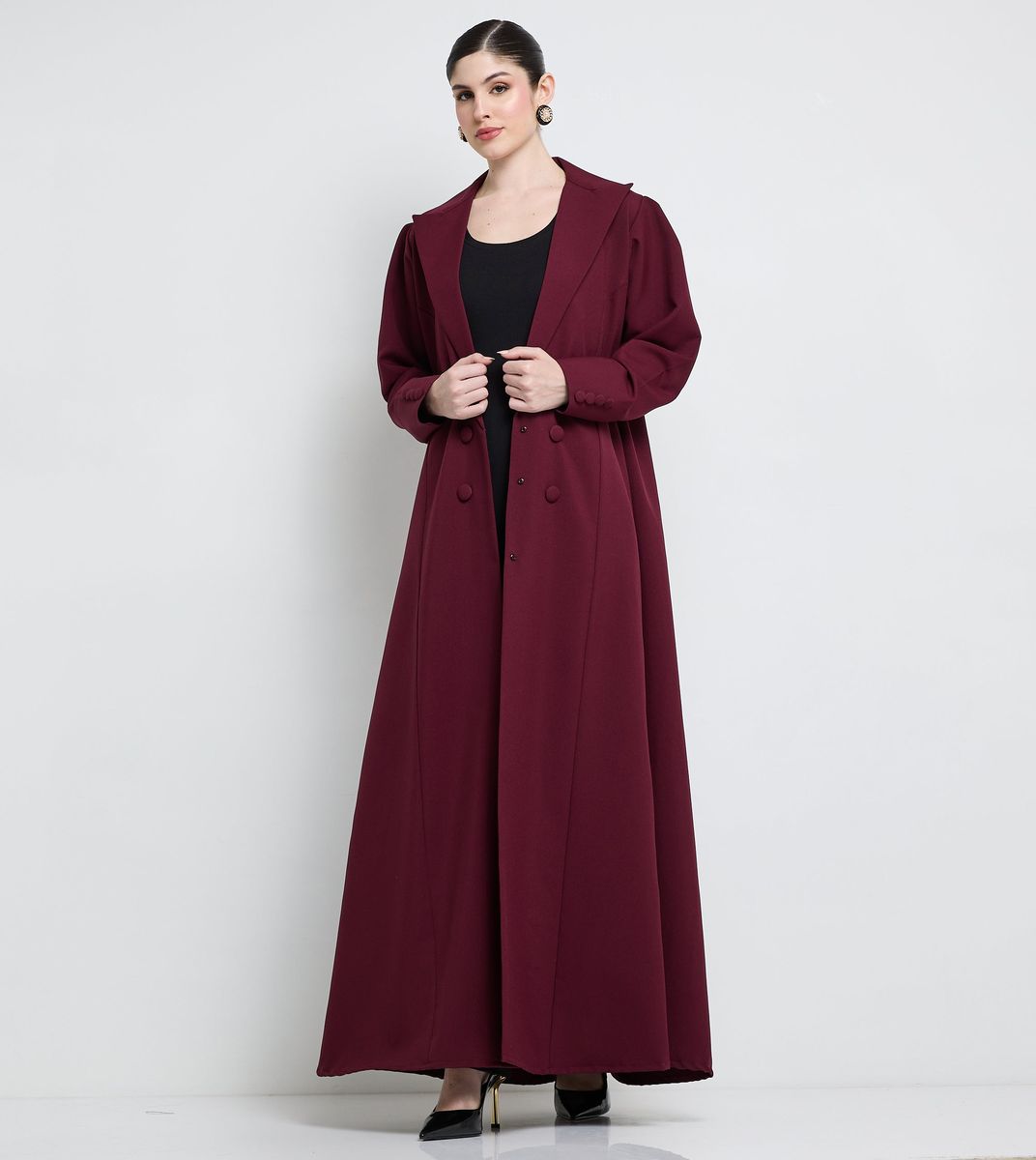 Elegant Blazer Abaya With Button Detail - Burgundy