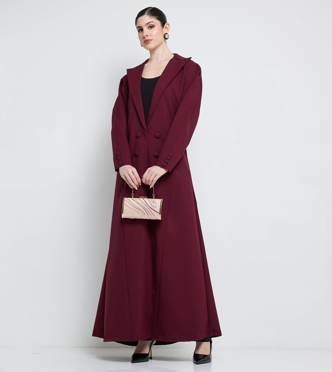 Elegant Blazer Abaya With Button Detail - Burgundy