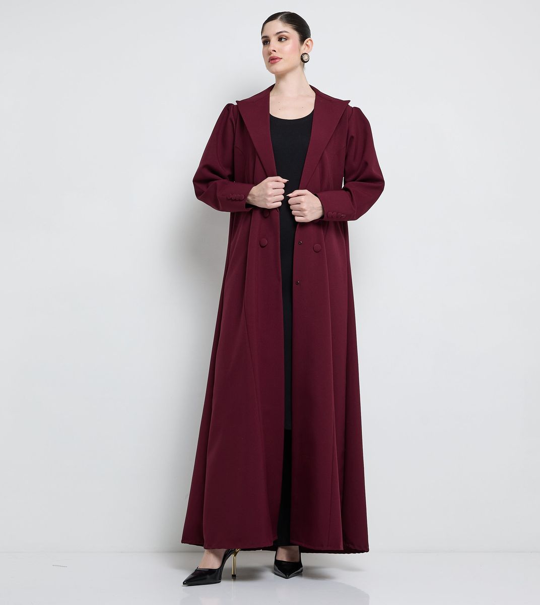 Elegant Blazer Abaya With Button Detail - Burgundy