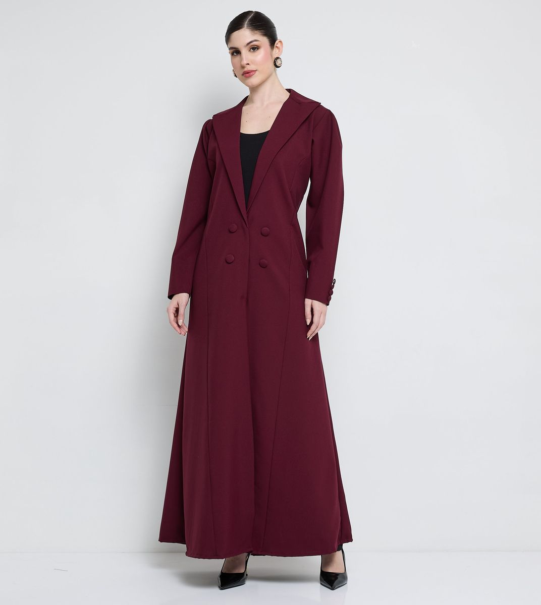 Elegant Blazer Abaya With Button Detail - Burgundy