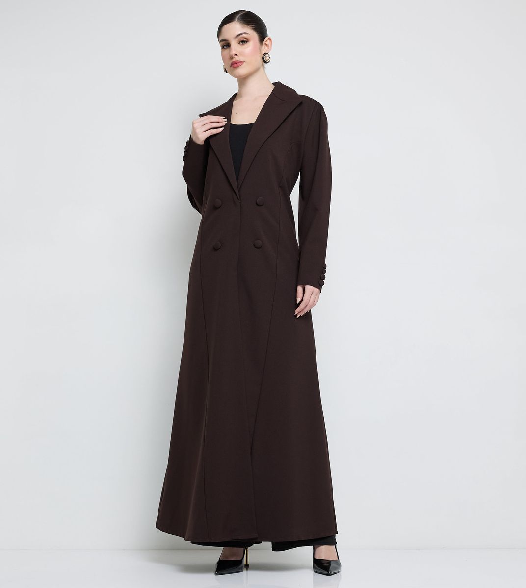 Elegant Blazer Abaya With Button Detail - Brown