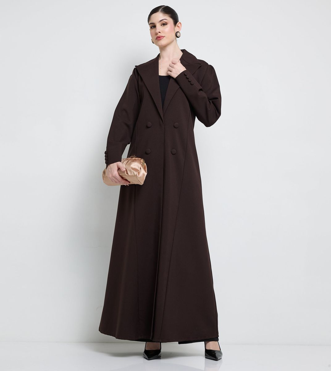 Elegant Blazer Abaya With Button Detail - Brown