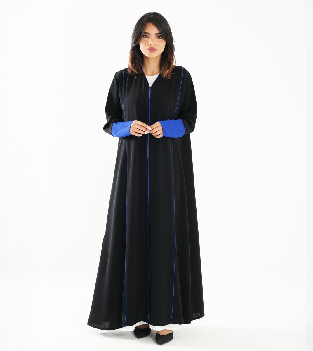 Open Abaya With Blue Piping Long Sleeves