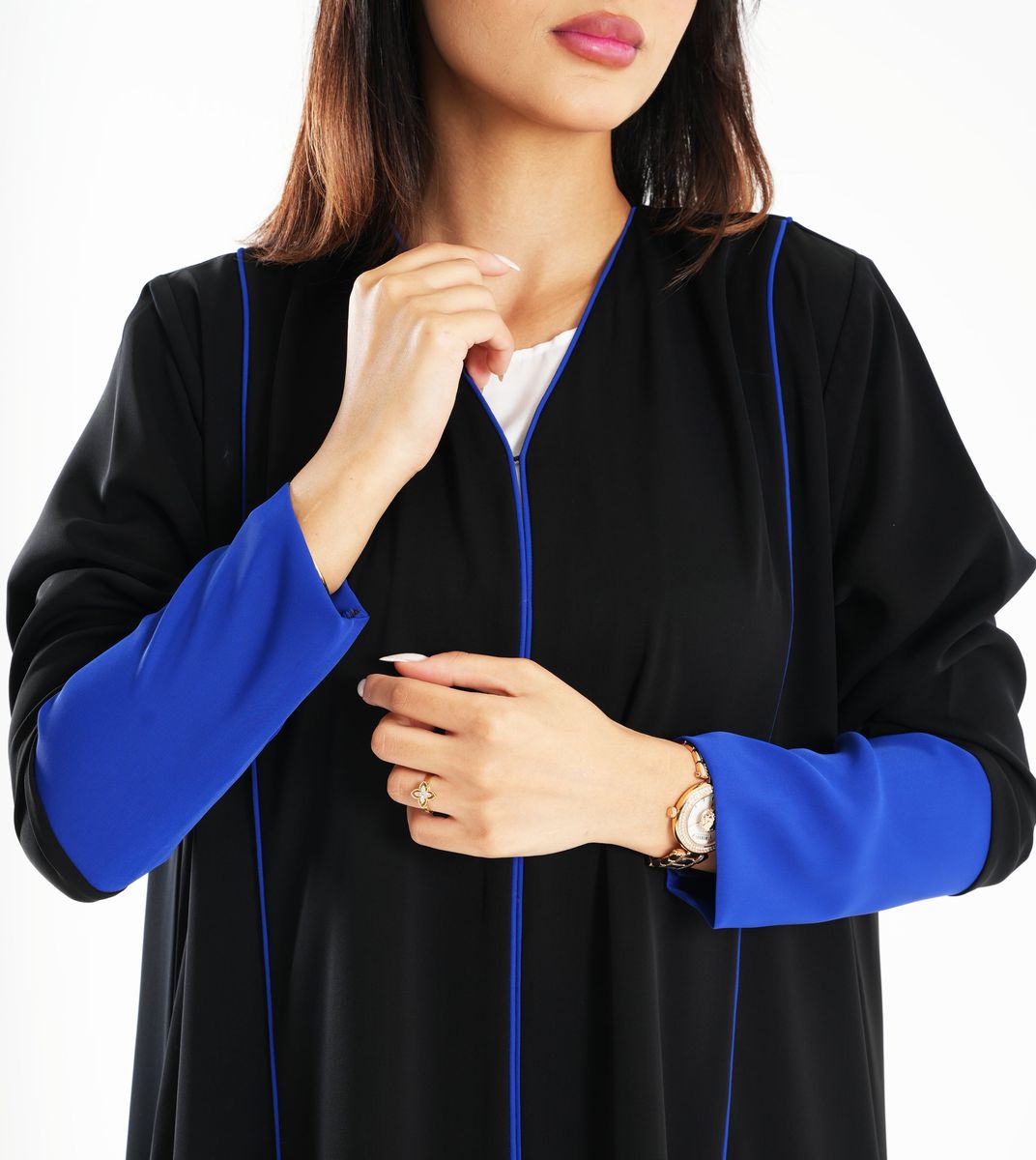 Open Abaya With Blue Piping Long Sleeves