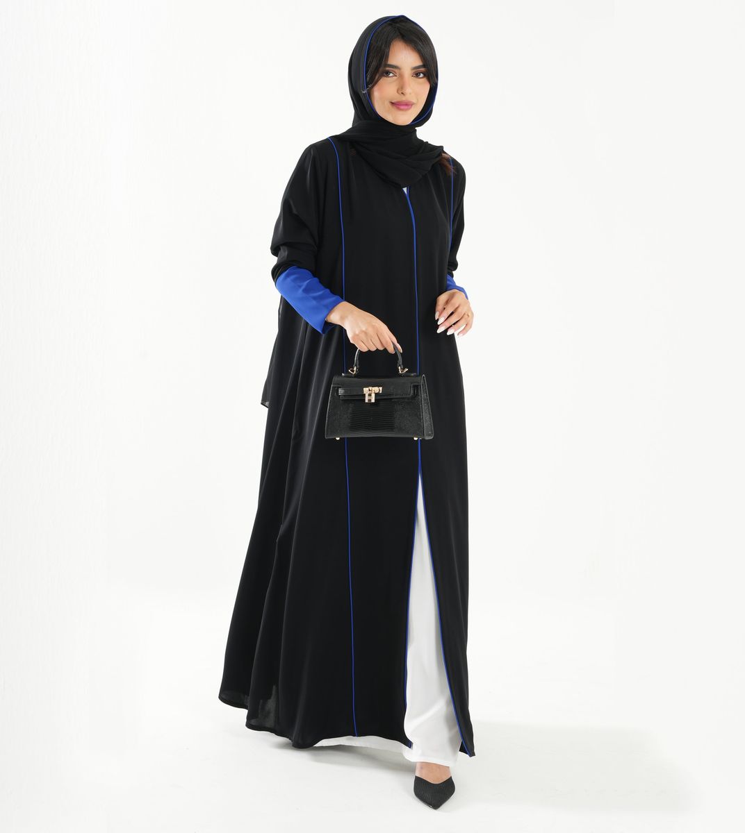 Open Abaya With Blue Piping Long Sleeves