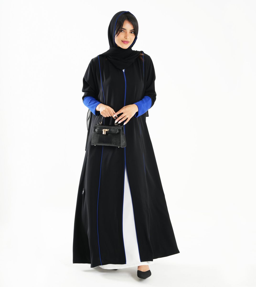 Open Abaya With Blue Piping Long Sleeves