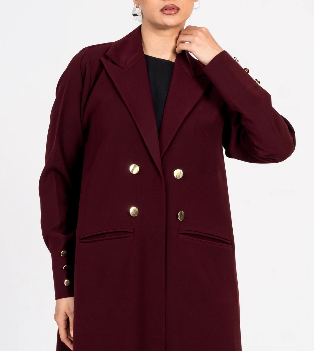 Burgundy Blazer Abaya With Button Style Rosette Abaya - Women's Abayas 1