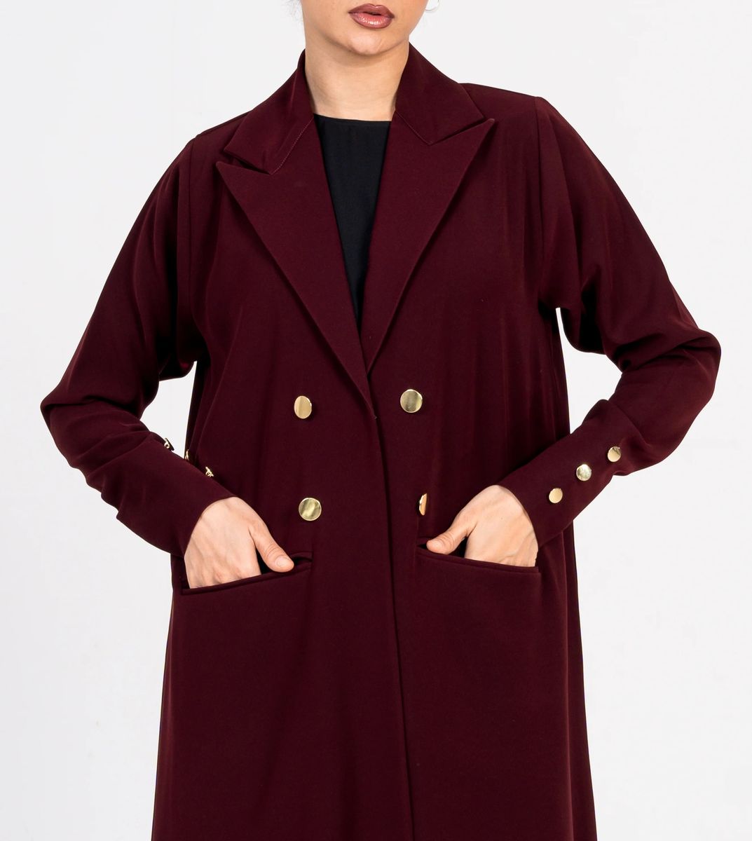 Burgundy Blazer Abaya With Button Style Rosette Abaya - Women's Abayas 2