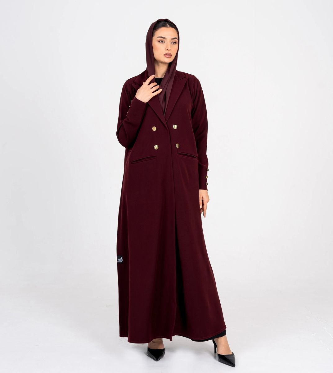 Burgundy Blazer Abaya With Button Style Rosette Abaya - Women's Abayas 4
