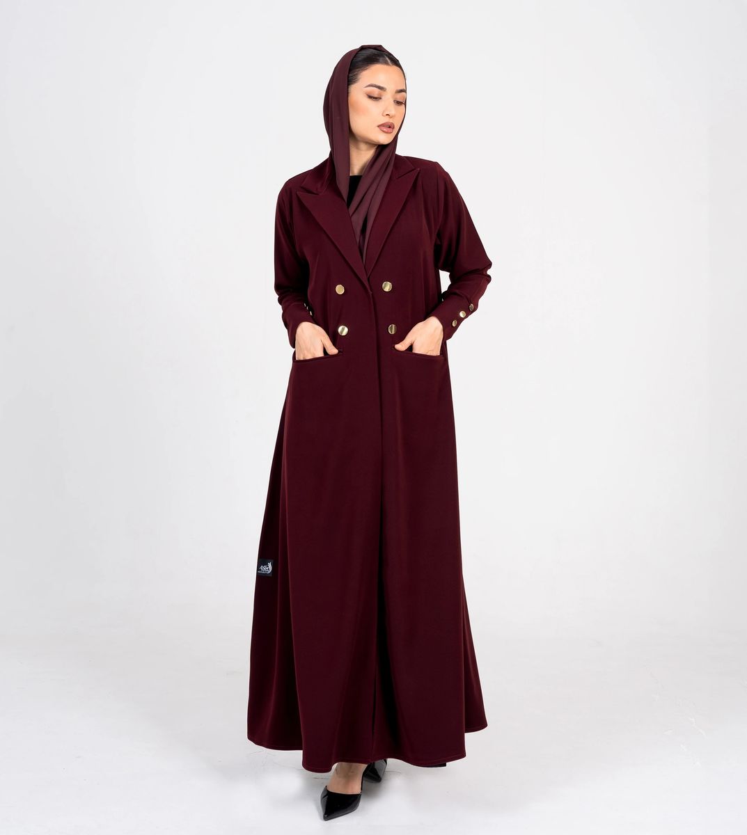 Burgundy Blazer Abaya With Button Style Rosette Abaya - Women's Abayas 5