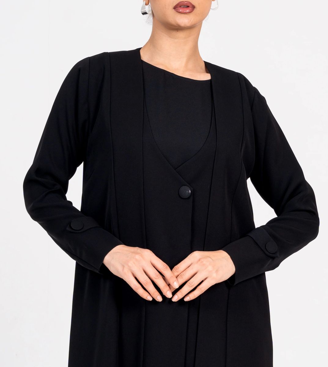 Blazer Abaya With Button Style and Wide Neck Rosette Abaya - Women's Abayas 1