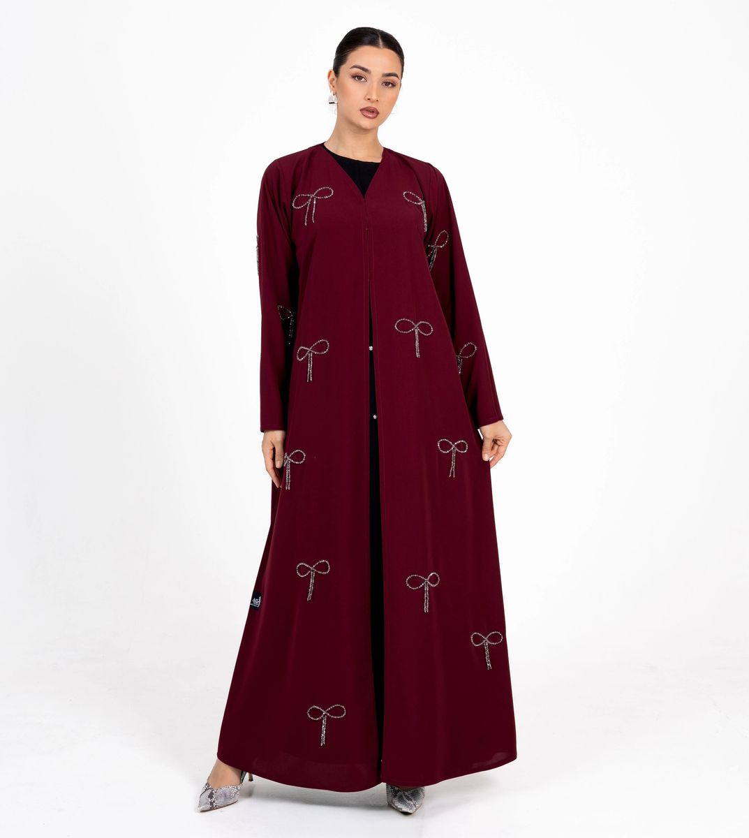 Abaya With Fionka Embroidery With Wide Sleeves - Burgundy Rosette Abaya - Women's Abayas 10