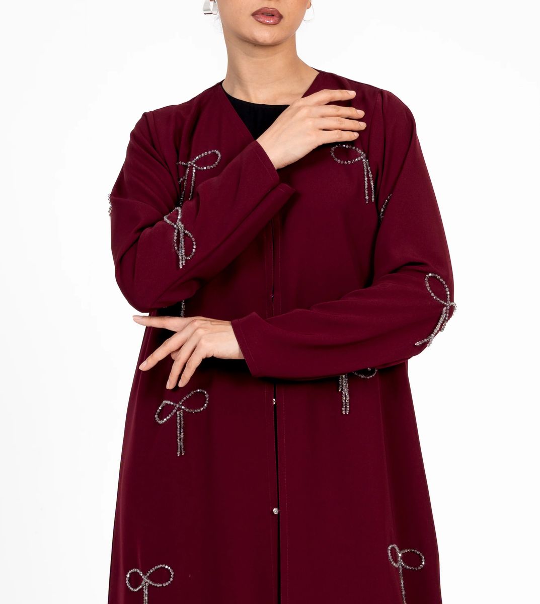 Abaya With Fionka Embroidery With Wide Sleeves - Burgundy Rosette Abaya - Women's Abayas 1