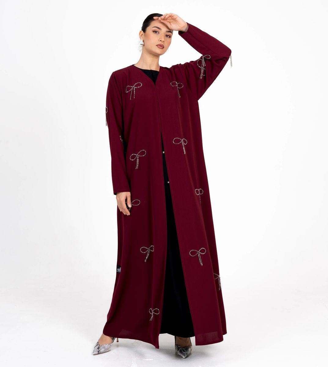 Abaya With Fionka Embroidery With Wide Sleeves - Burgundy Rosette Abaya - Women's Abayas 3