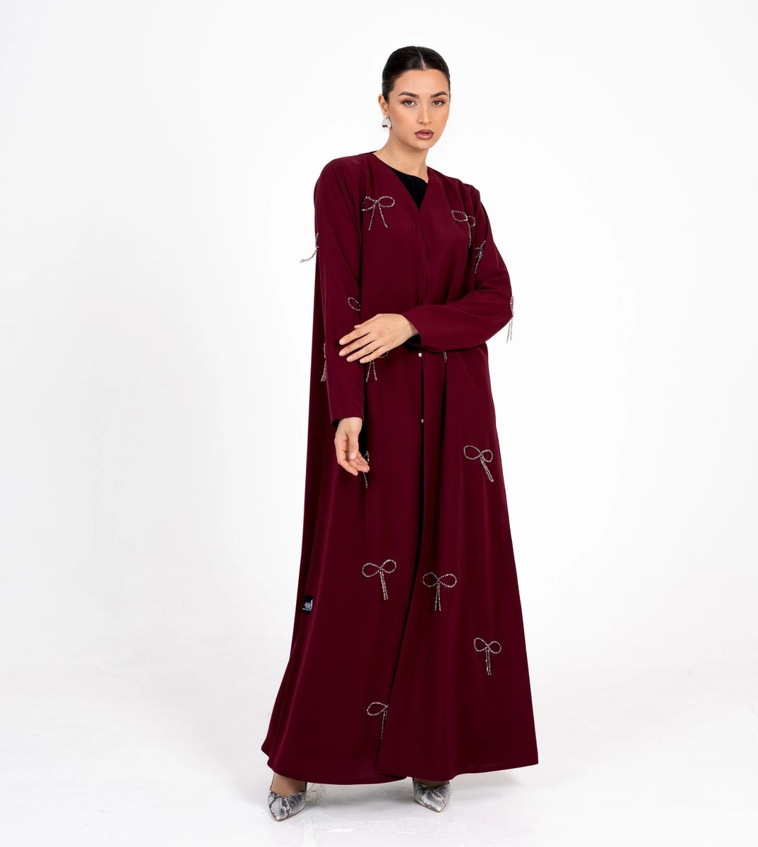 Abaya With Fionka Embroidery With Wide Sleeves - Burgundy Rosette Abaya - Women's Abayas 4