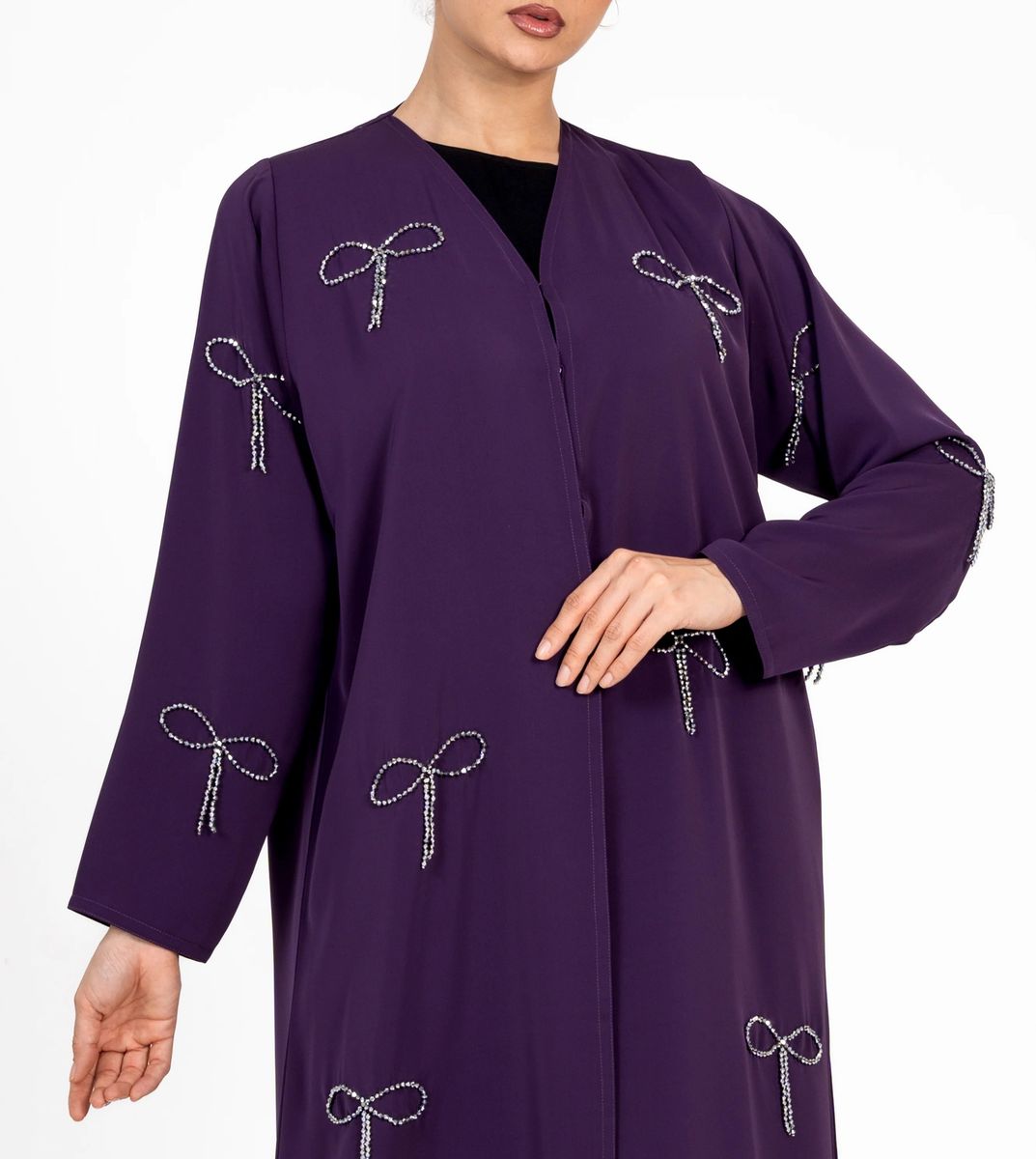 Abaya With Fionka Embroidery With Wide Sleeves - Purple Abaya With Fionka Embroidery With Wide Sleeves - Purple