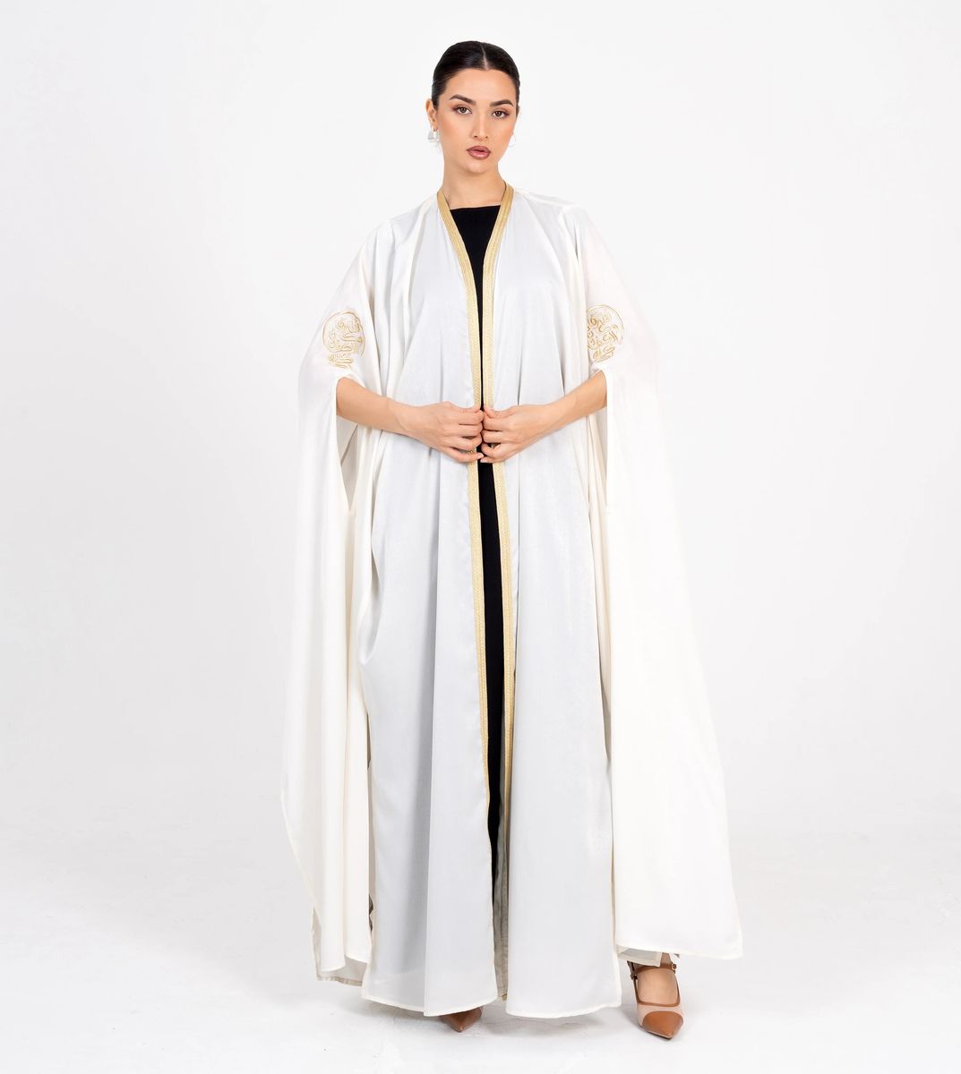 Off White Bisht With Embroidery Sleeves Rosette Abaya - Women's Abayas 10