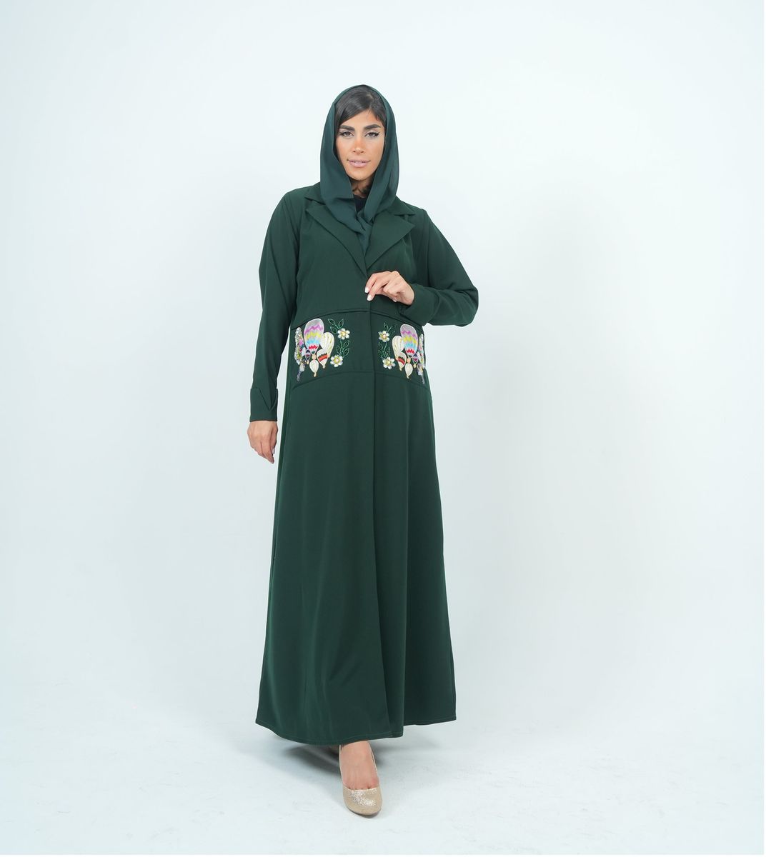 Elegant Blazer Style Abaya With Fantasy Embroidery Design - Green