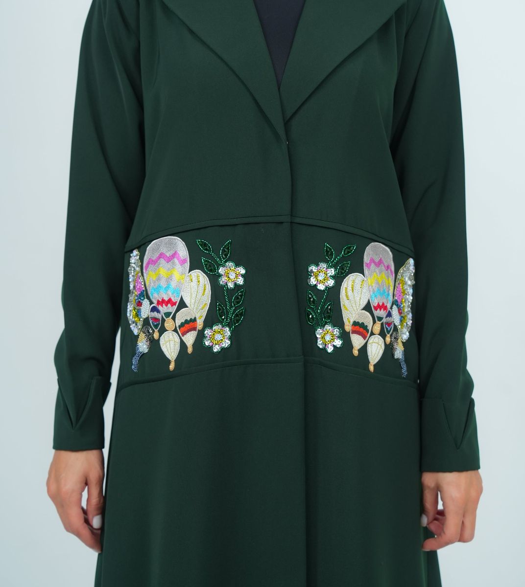Elegant Blazer Style Abaya With Fantasy Embroidery Design - Green