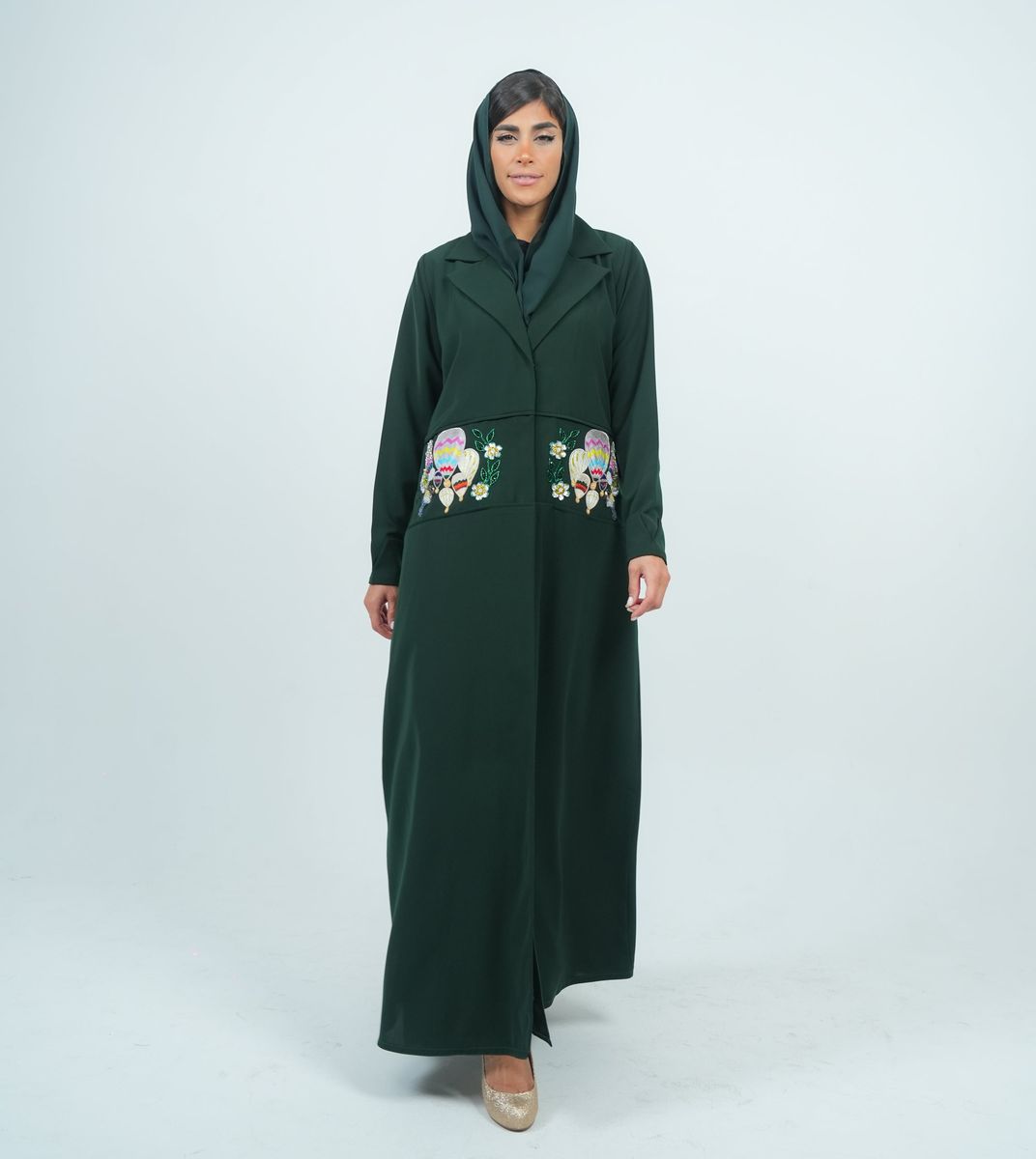 Elegant Blazer Style Abaya With Fantasy Embroidery Design - Green