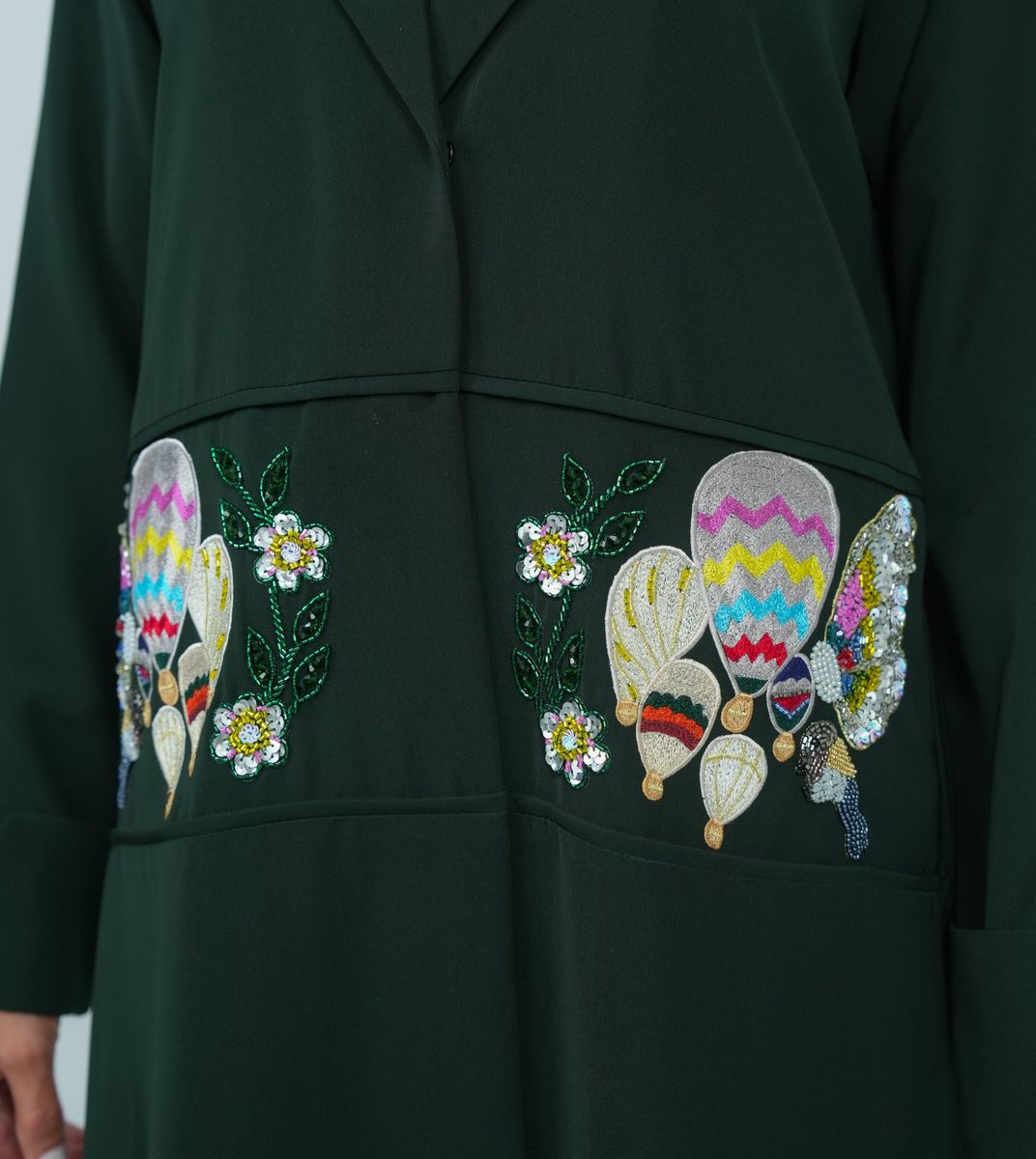 Elegant Blazer Style Abaya With Fantasy Embroidery Design - Green