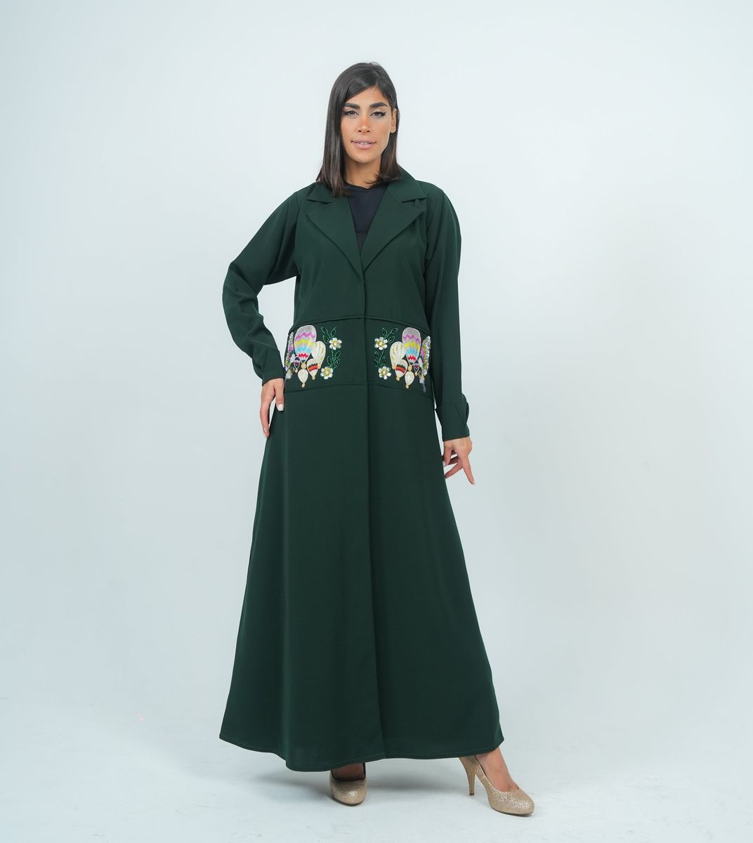 Elegant Blazer Style Abaya With Fantasy Embroidery Design - Green