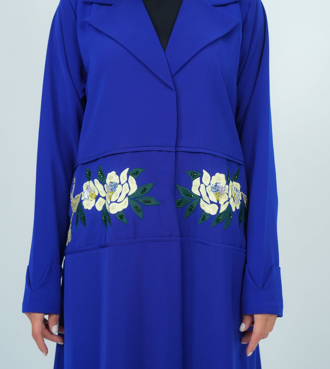 Elegant Blazer Style Abaya With Fantasy Embroidery Design - Blue