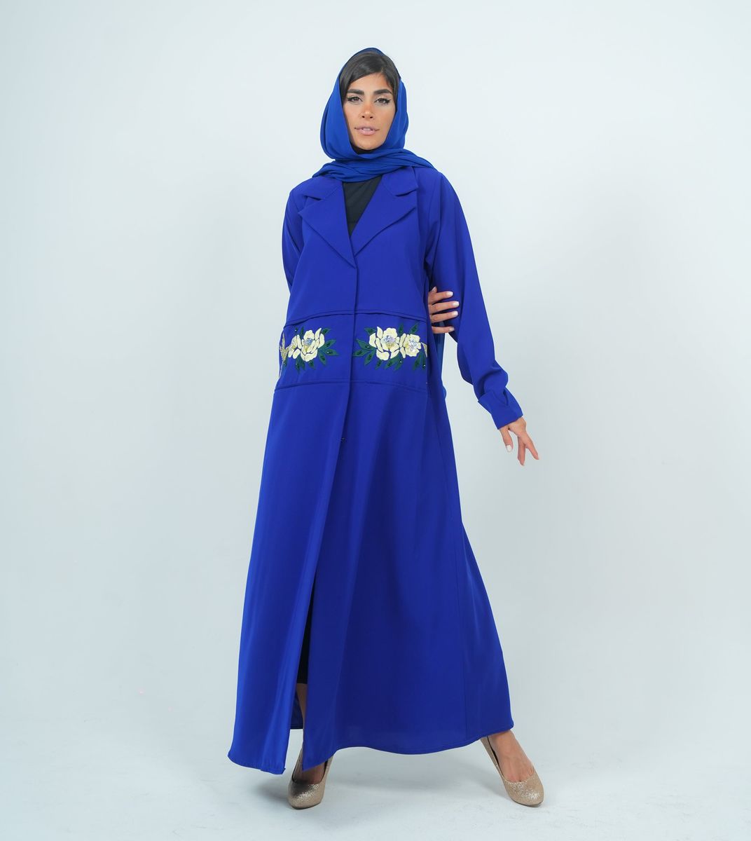 Elegant Blazer Style Abaya With Fantasy Embroidery Design - Blue