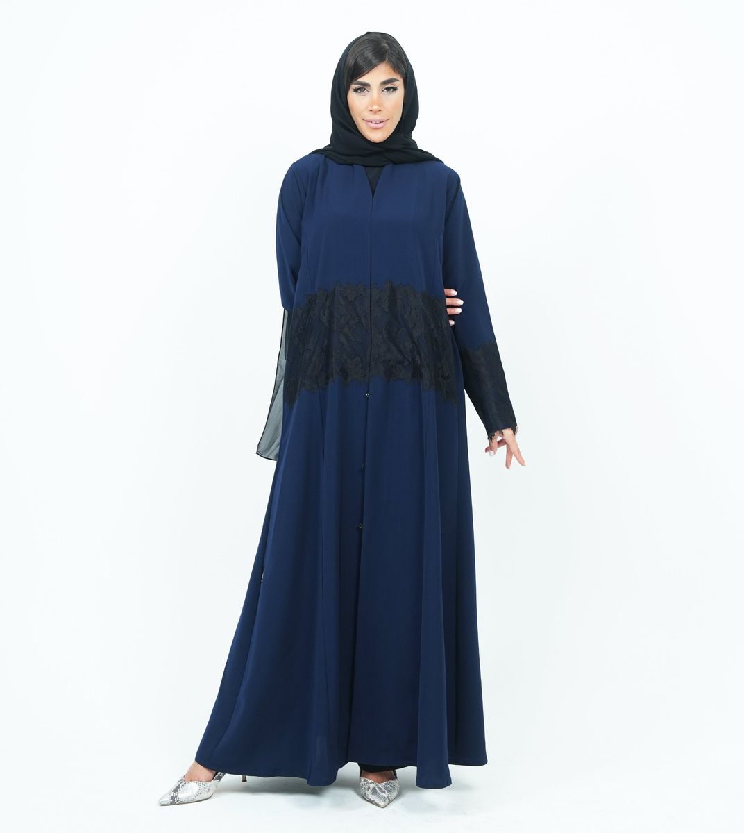 Stylish Dark Navy Abaya With Dantel Embellishments