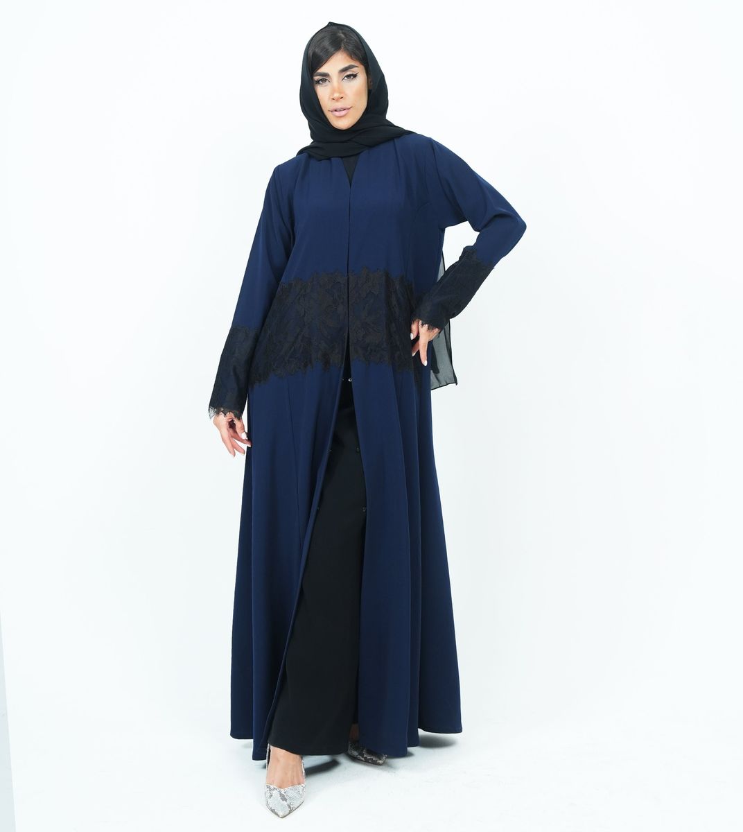 Stylish Dark Navy Abaya With Dantel Embellishments