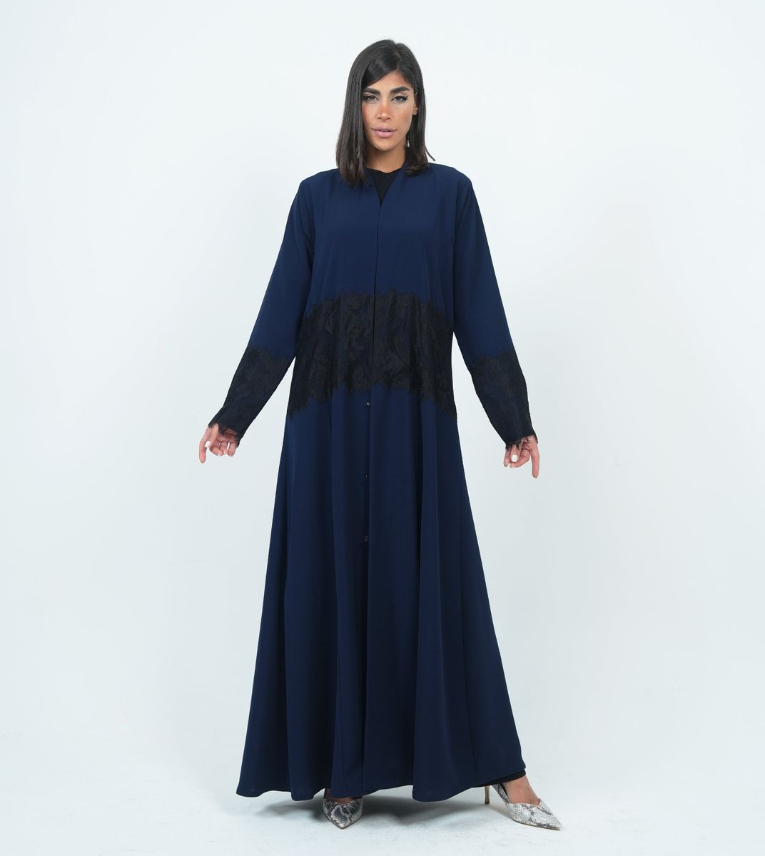 Stylish Dark Navy Abaya With Dantel Embellishments