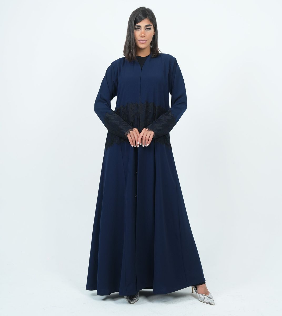 Stylish Dark Navy Abaya With Dantel Embellishments