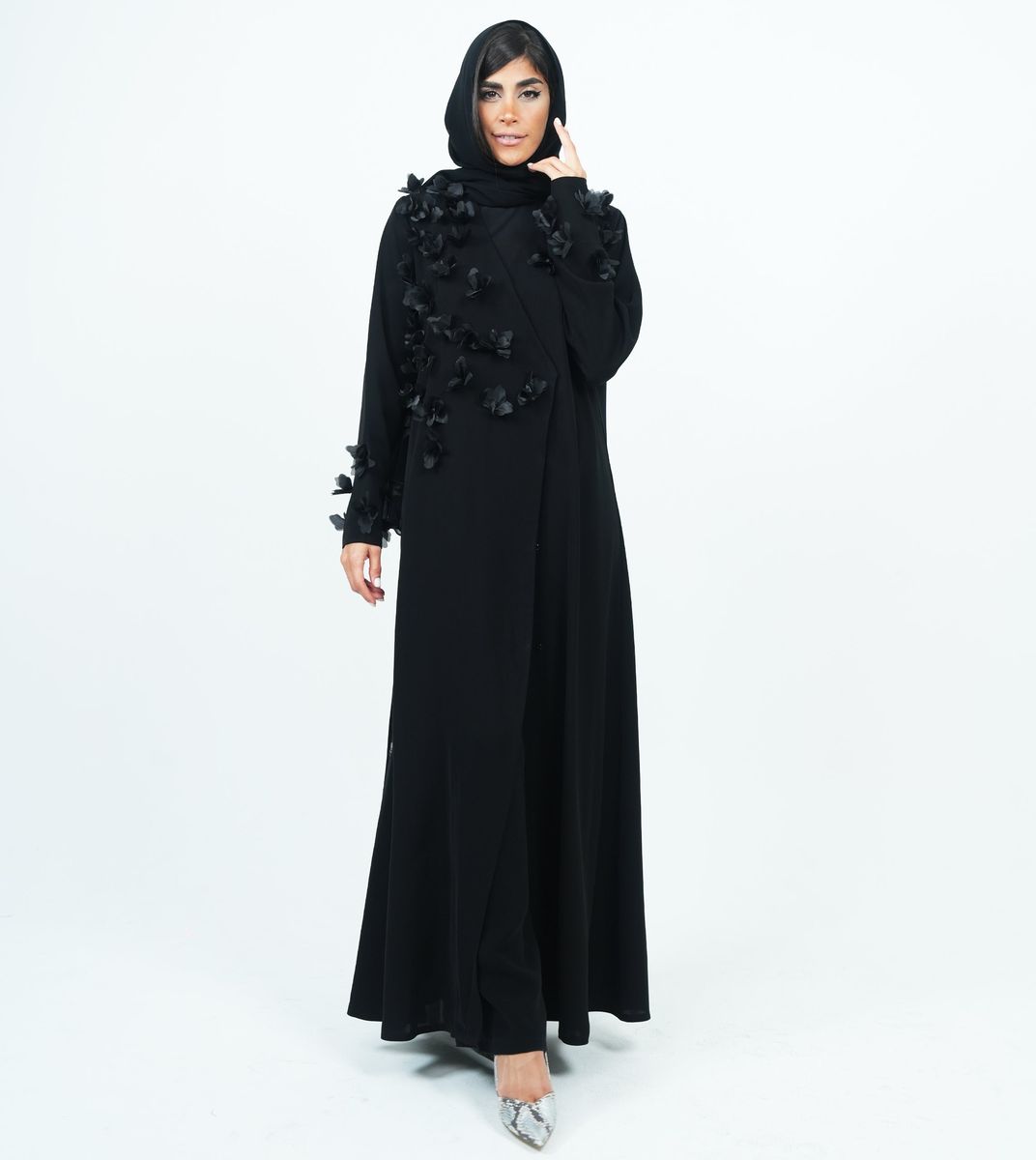 Stylish Embroidered Embellished Flowers Abaya With Design