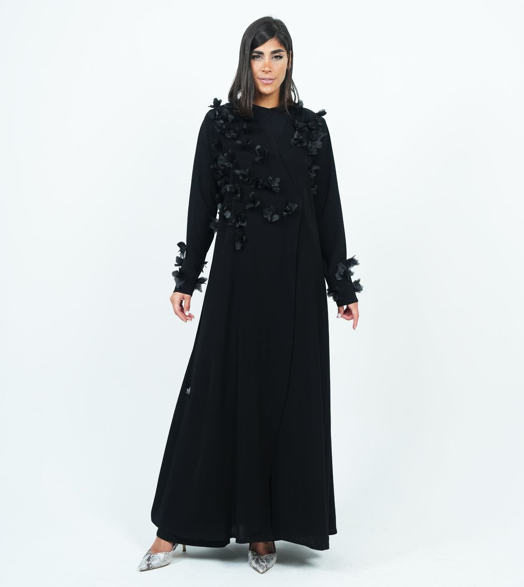 Stylish Embroidered Embellished Flowers Abaya With Design