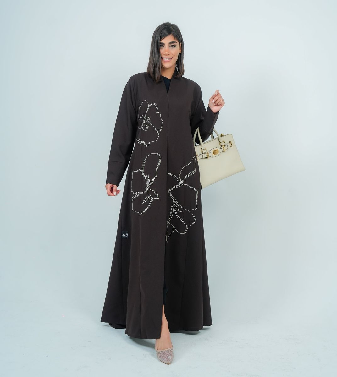 Embellishment Abaya With Embroidery Flowers Design - Brown Embellishment Abaya With Embroidery Flowers Design - Brown