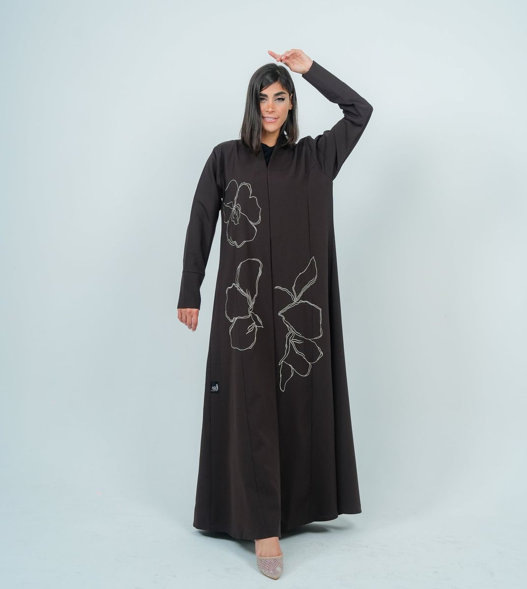 Embellishment Abaya With Embroidery Flowers Design - Brown Embellishment Abaya With Embroidery Flowers Design - Brown