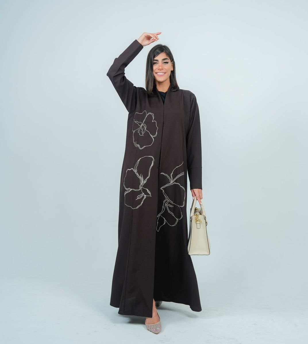 Embellishment Abaya With Embroidery Flowers Design - Brown Embellishment Abaya With Embroidery Flowers Design - Brown