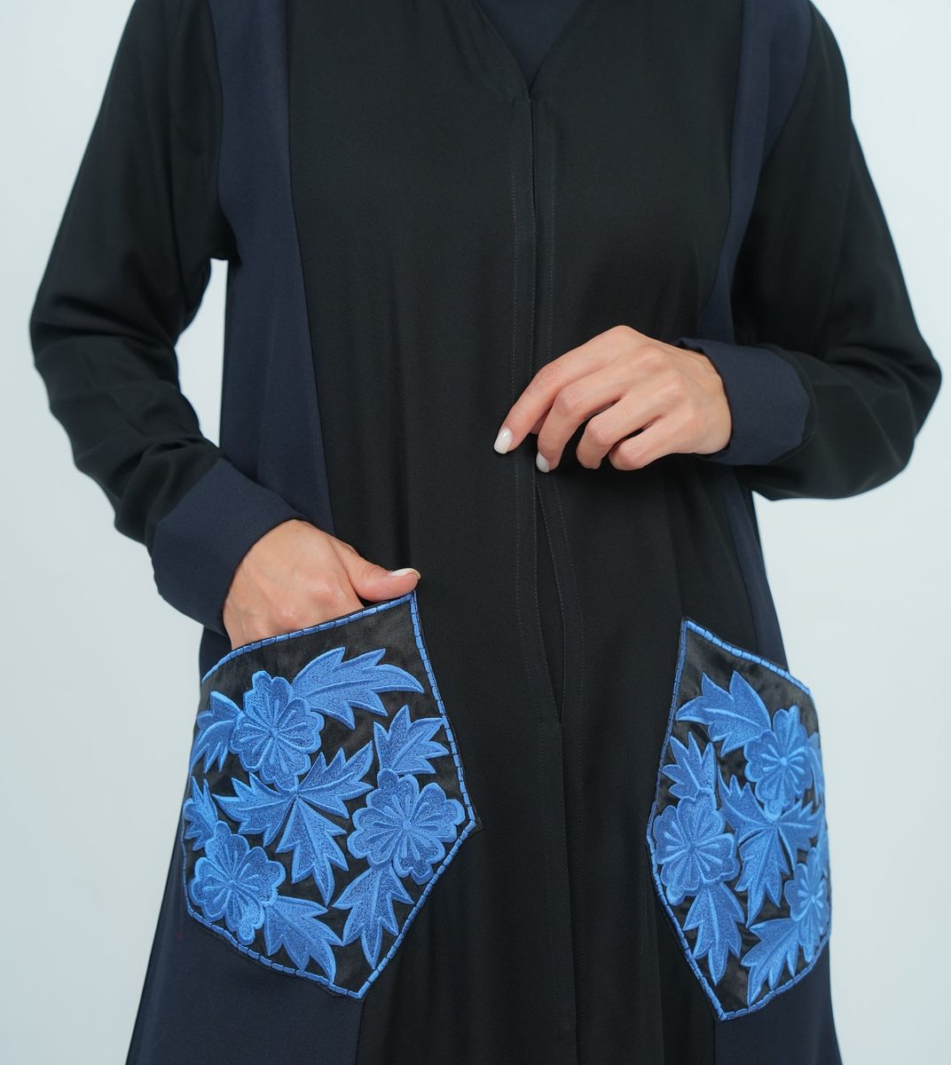Embellishment Abaya With Embroidery Flowers Pocket - Blue