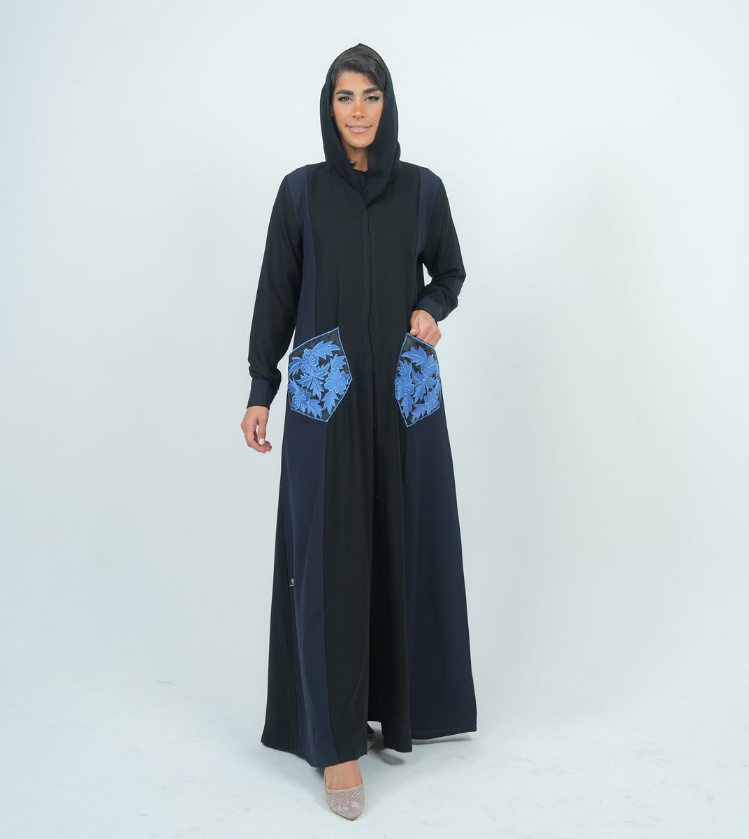 Embellishment Abaya With Embroidery Flowers Pocket - Blue