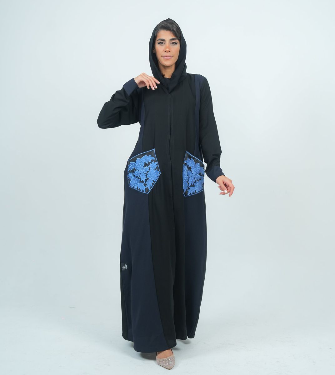 Embellishment Abaya With Embroidery Flowers Pocket - Blue