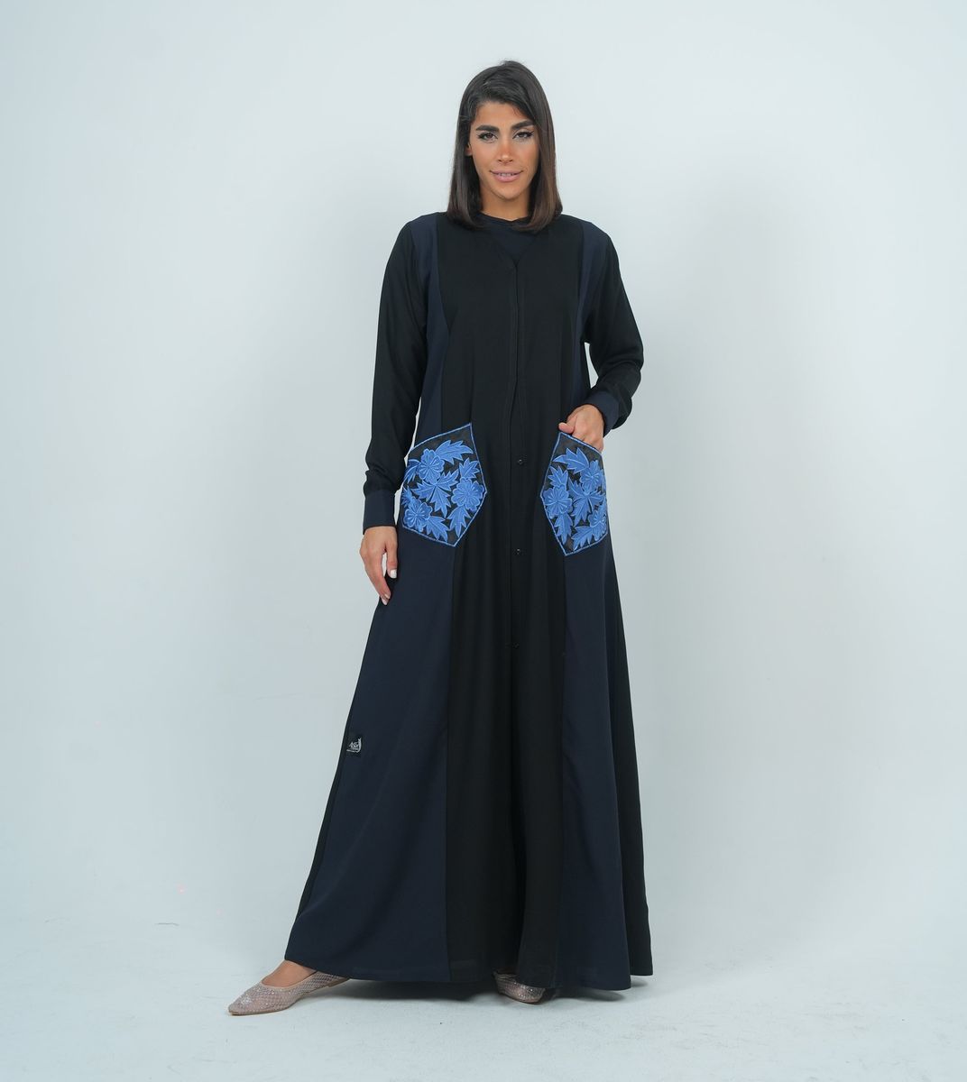 Embellishment Abaya With Embroidery Flowers Pocket - Blue