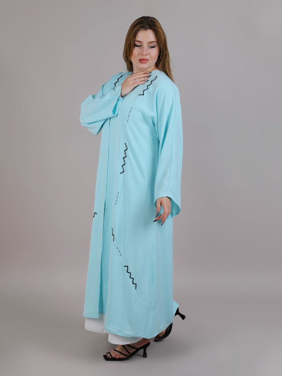Turquoise V-Neck Open Abaya With Black Embroidery