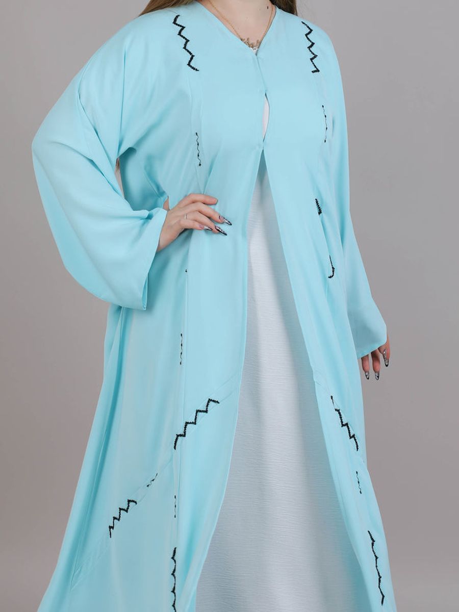 Turquoise V-Neck Open Abaya With Black Embroidery