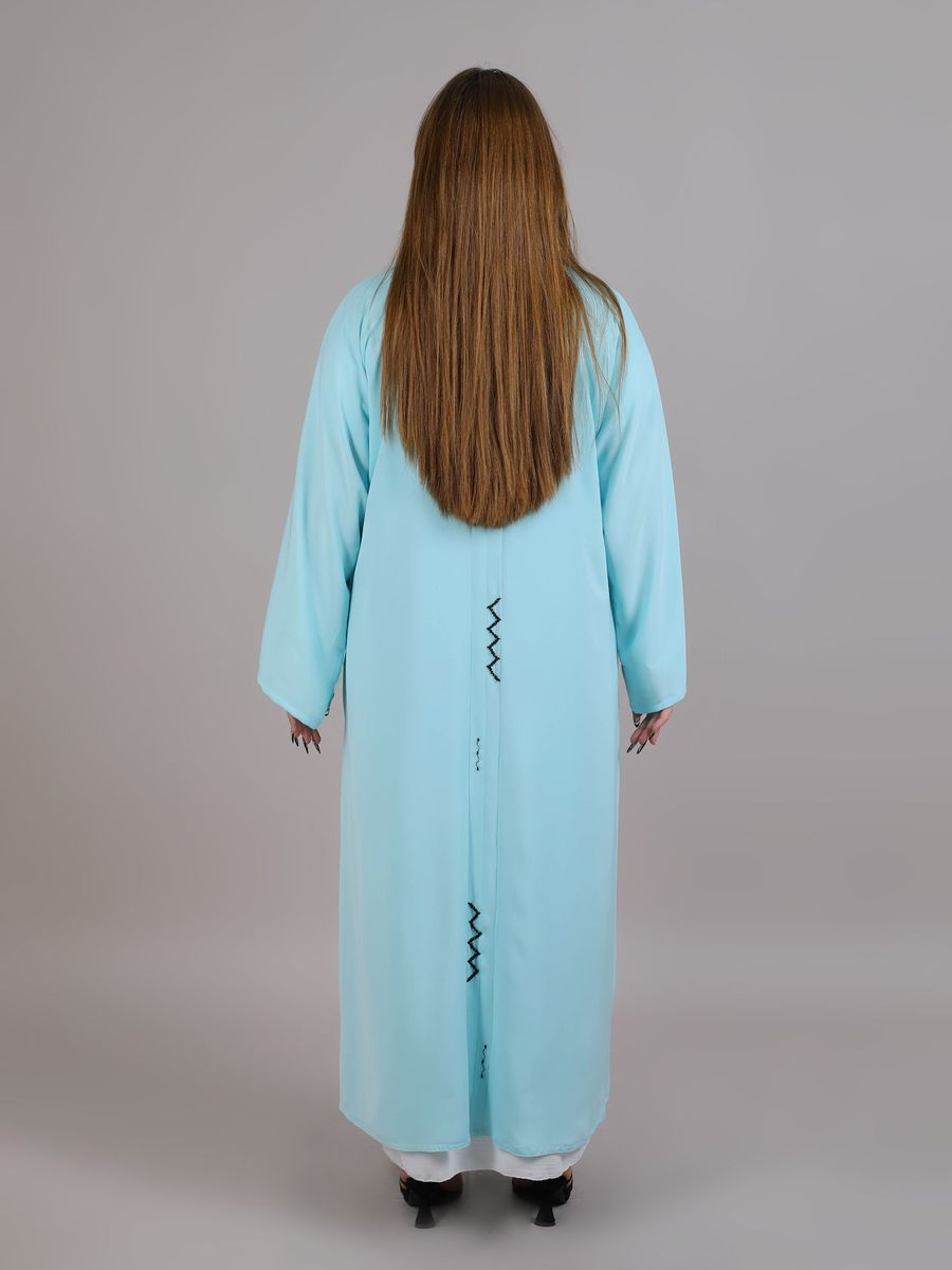 Turquoise V-Neck Open Abaya With Black Embroidery