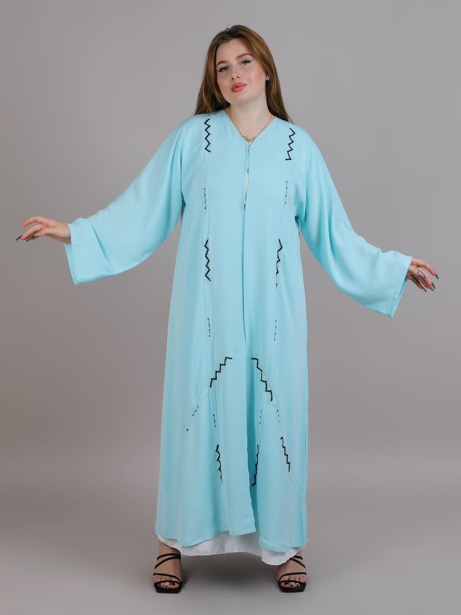 Turquoise V-Neck Open Abaya With Black Embroidery